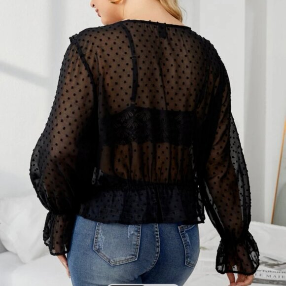 Black Sheer Swiss Dot Ruffle Trim Flounce Sleeve Top - Picture 3 of 13